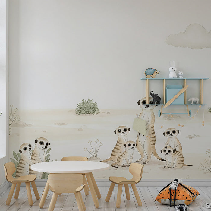 Papel de parede para quarto infantil | Suricata e paisagem desértica suave