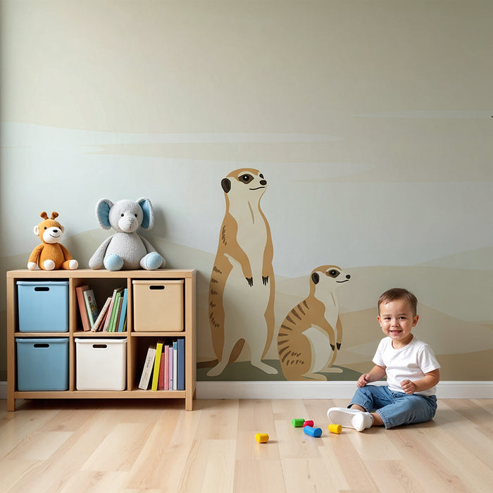 Papier peint chambre enfant | Suricate et paysages désertiques en tons doux