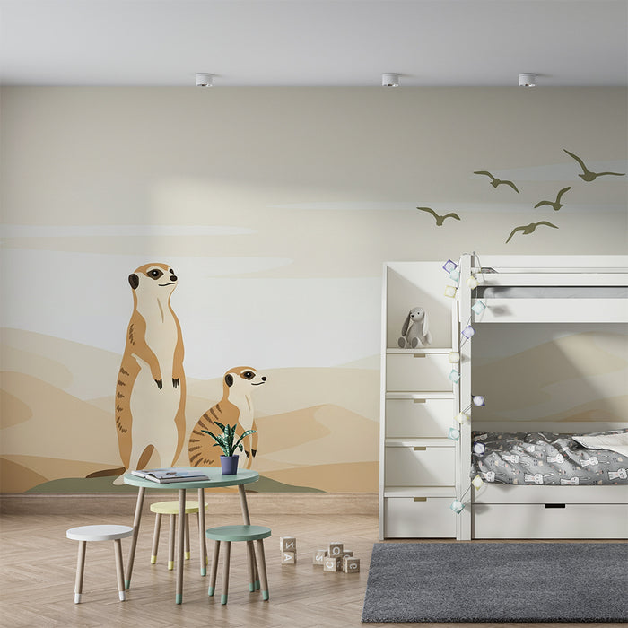 Papier peint chambre enfant | Suricate et paysages désertiques en tons doux