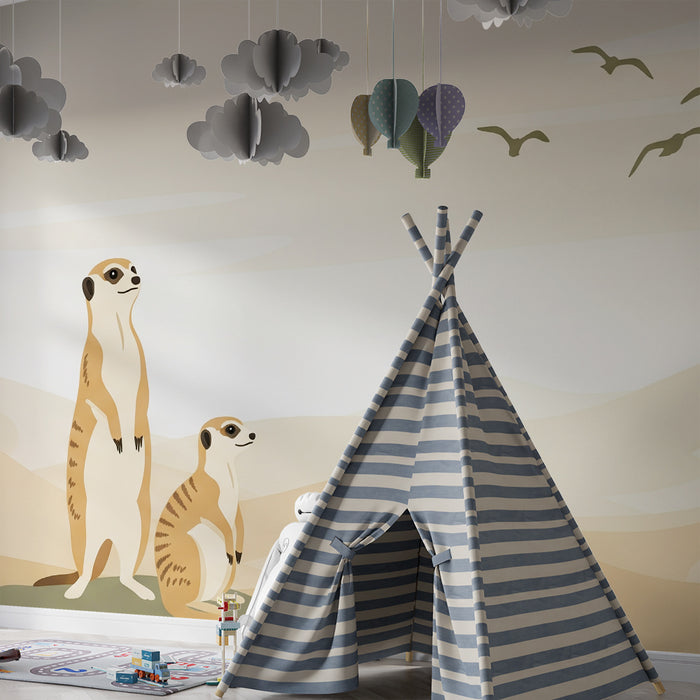 Papier peint chambre enfant | Suricate et paysages désertiques en tons doux