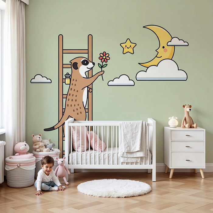 Papel pintado infantil | Suricata soñadora ofreciendo una flor a la luna