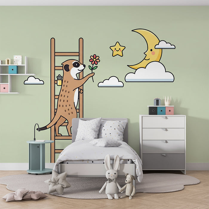 Papel pintado infantil | Suricata soñadora ofreciendo una flor a la luna