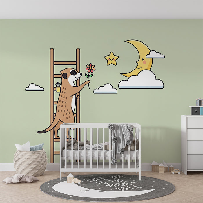 Papel pintado infantil | Suricata soñadora ofreciendo una flor a la luna