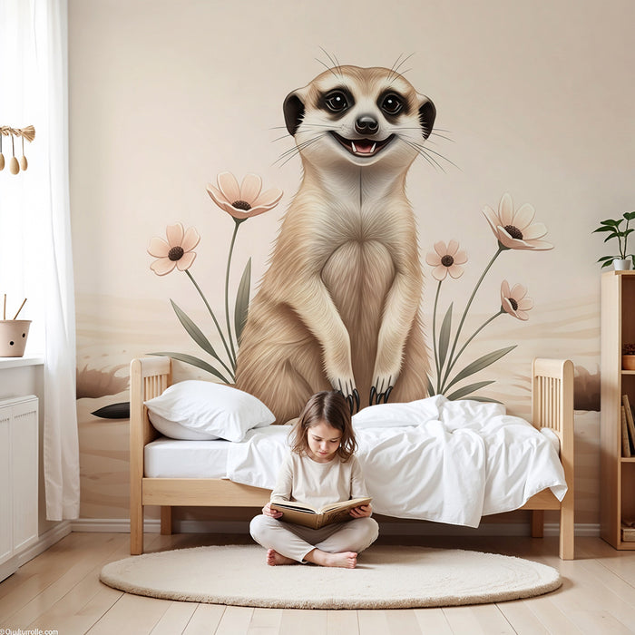 Papier peint chambre enfant | Suricate souriant dans un désert fleuri