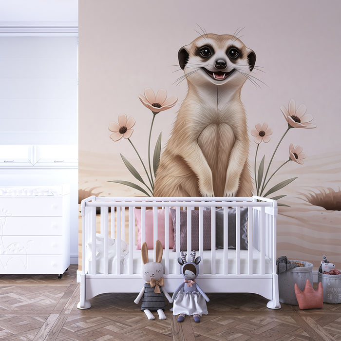 Papier peint chambre enfant | Suricate souriant dans un désert fleuri