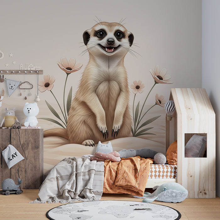 Papier peint chambre enfant | Suricate souriant dans un désert fleuri