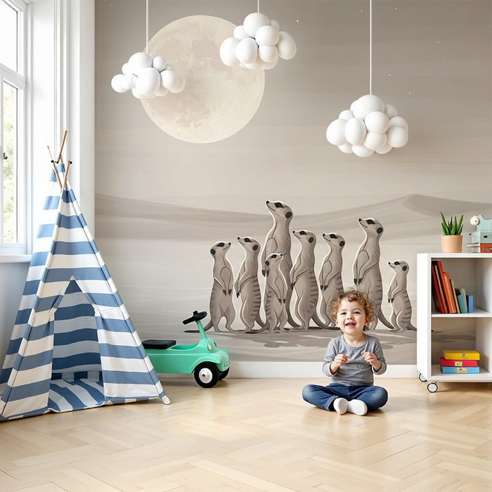 Papier peint chambre enfant | Suricate sous la lune dans un paysage désertique