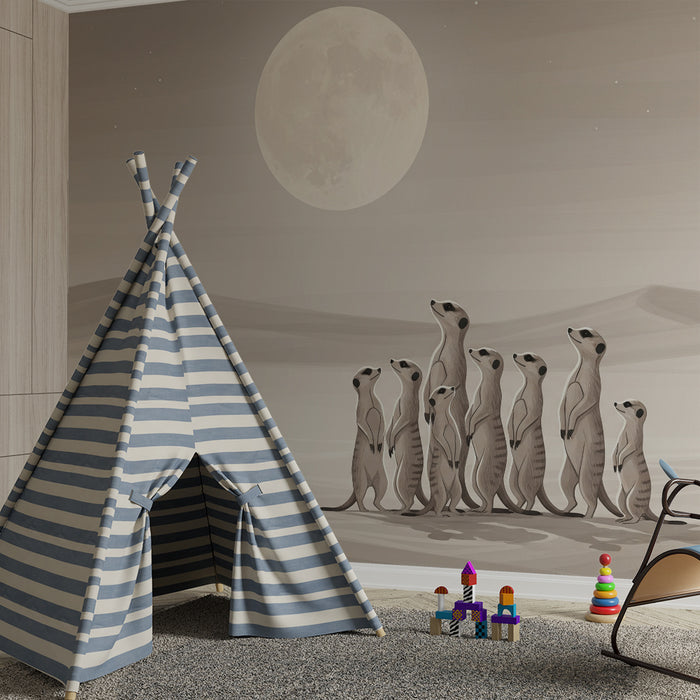 Papier peint chambre enfant | Suricate sous la lune dans un paysage désertique