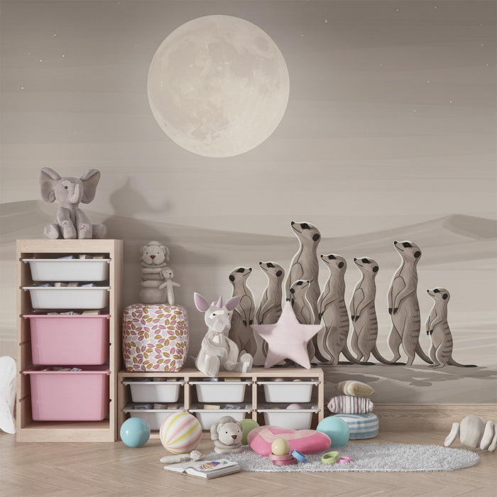 Papier peint chambre enfant | Suricate sous la lune dans un paysage désertique