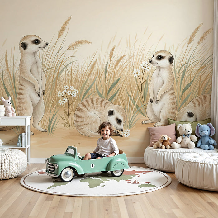 Papier peint chambre enfant | Suricates curieux dans un champ de fleurs