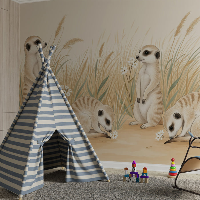 Papier peint chambre enfant | Suricates curieux dans un champ de fleurs