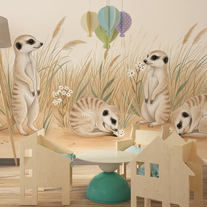 Papier peint chambre enfant | Suricates curieux dans un champ de fleurs