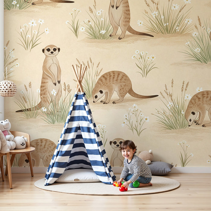 Papier peint chambre enfant | Suricates curieux dans un champ fleuri