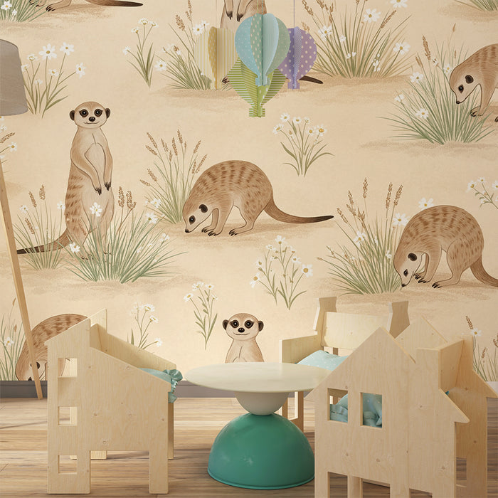 Papier peint chambre enfant | Suricates curieux dans un champ fleuri