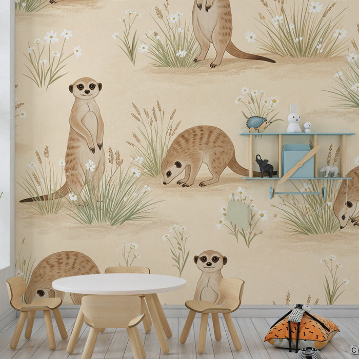 Papier peint chambre enfant | Suricates curieux dans un champ fleuri