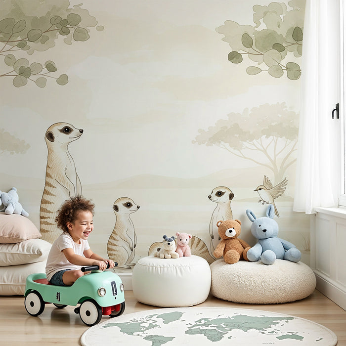 Papier peint chambre enfant | Suricates curieux dans un paysage apaisant