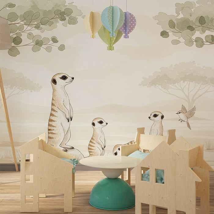 Papier peint chambre enfant | Suricates curieux dans un paysage apaisant