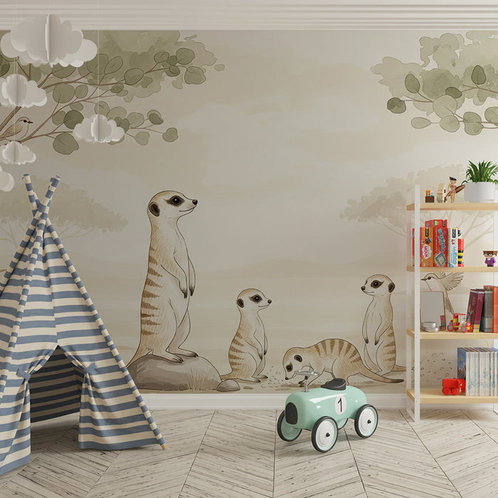 Papier peint chambre enfant | Suricates curieux dans un paysage apaisant