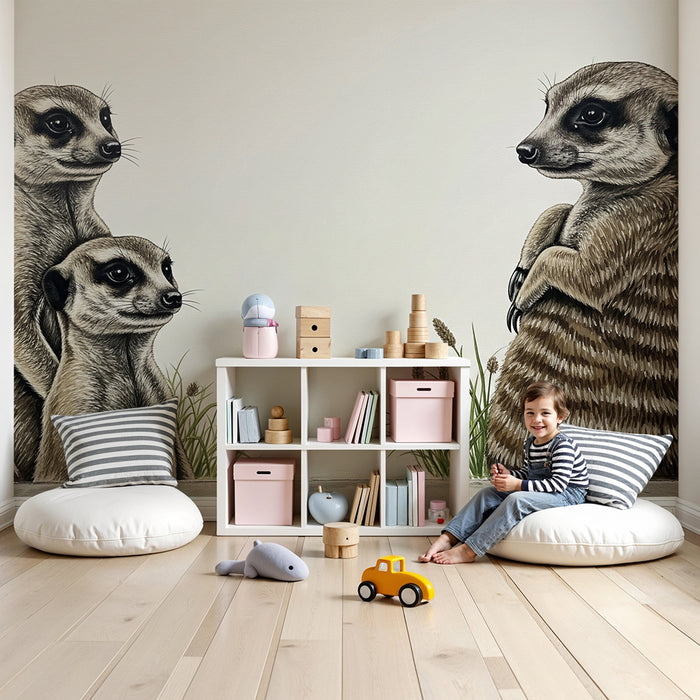 Papier peint chambre enfant | Suricates curieux dans un paysage naturel
