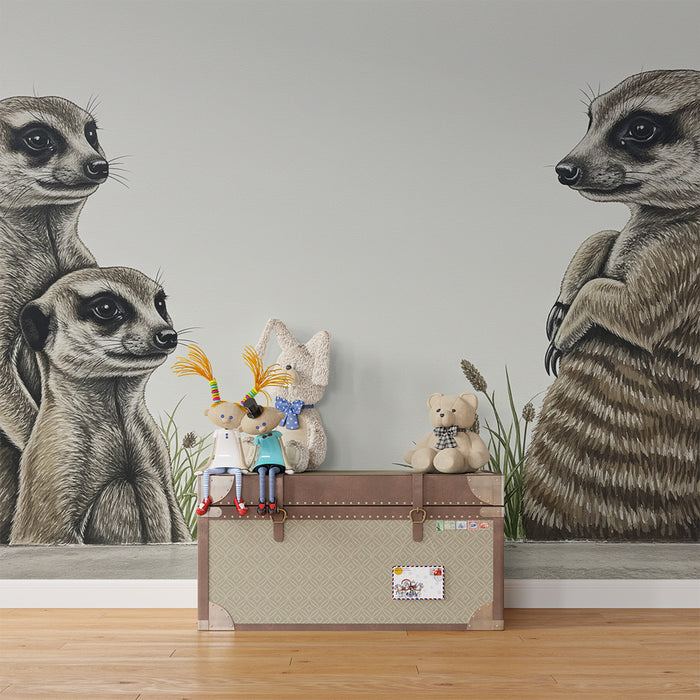 Papier peint chambre enfant | Suricates curieux dans un paysage naturel