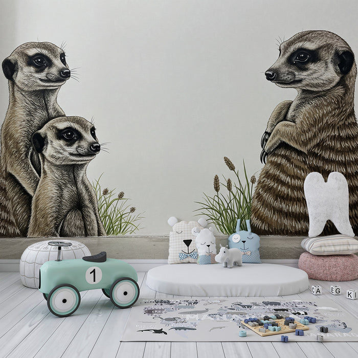Papier peint chambre enfant | Suricates curieux dans un paysage naturel