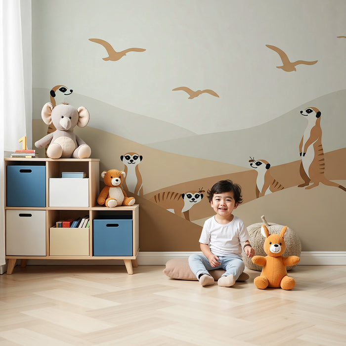 Papier peint chambre enfant | Suricates dans un paysage doux et apaisant