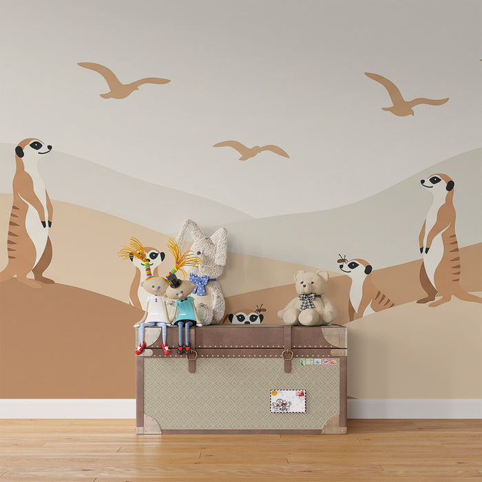 Papier peint chambre enfant | Suricates dans un paysage doux et apaisant