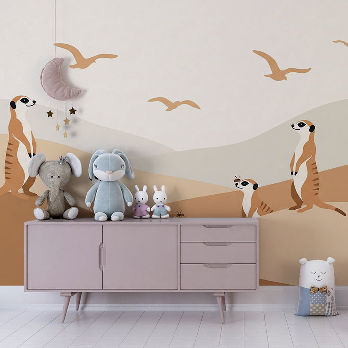 Papier peint chambre enfant | Suricates dans un paysage doux et apaisant