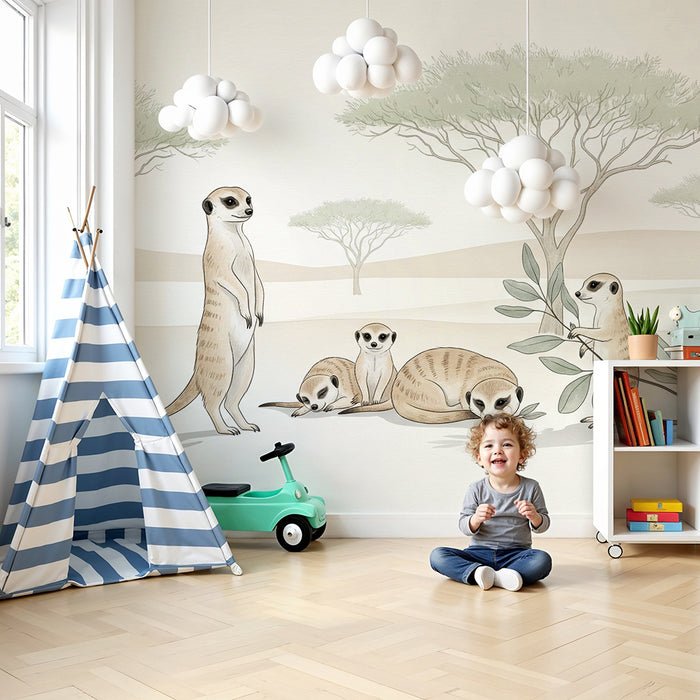 Papier peint chambre enfant | Suricates et paysage désertique apaisant