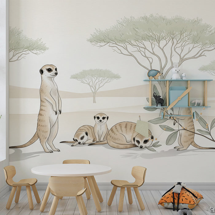 Papier peint chambre enfant | Suricates et paysage désertique apaisant