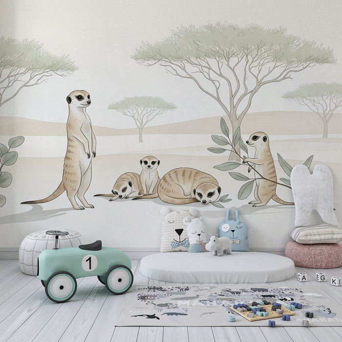 Papier peint chambre enfant | Suricates et paysage désertique apaisant