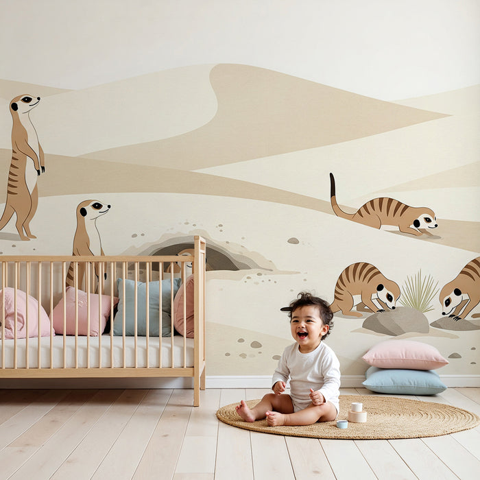 Papier peint chambre enfant | Suricates explorant un paysage désertique
