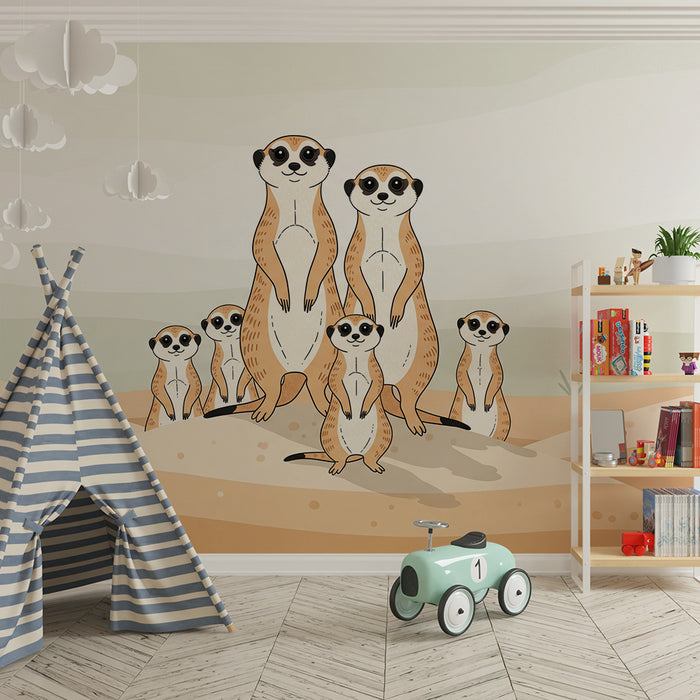 Papier peint chambre enfant | Suricates joyeux dans un paysage désertique