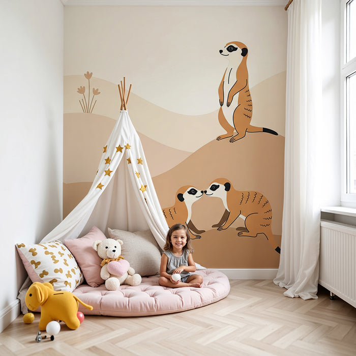 Papier peint chambre enfant | Suricates joyeux dans un paysage doux et naturel