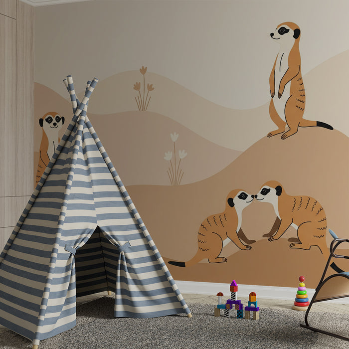 Papier peint chambre enfant | Suricates joyeux dans un paysage doux et naturel