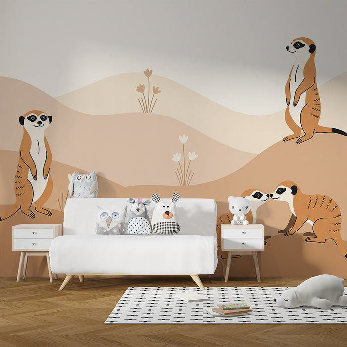 Papier peint chambre enfant | Suricates joyeux dans un paysage doux et naturel