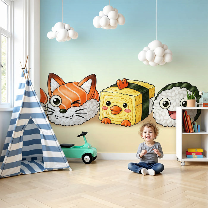 Papier peint chambre enfant | Sushi mignons et animaux rigolos en couleurs vives