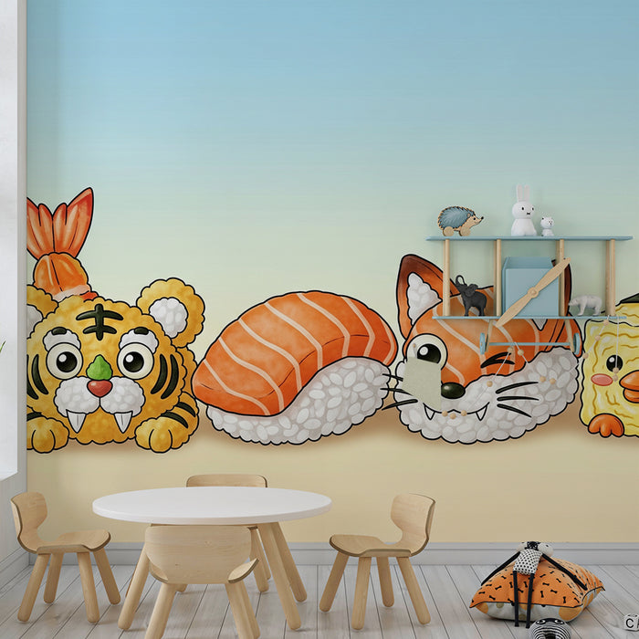 Papier peint chambre enfant | Sushi mignons et animaux rigolos en couleurs vives