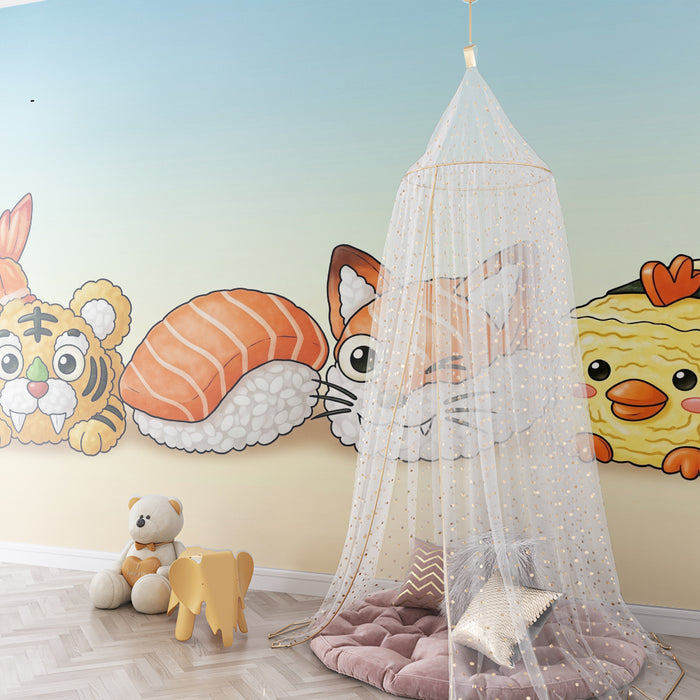 Papier peint chambre enfant | Sushi mignons et animaux rigolos en couleurs vives