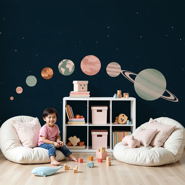 Papel de parede criança | Sistema solar com planetas pastel em fundo estrelado