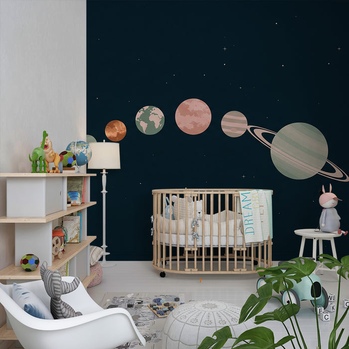 Papel de parede criança | Sistema solar com planetas pastel em fundo estrelado
