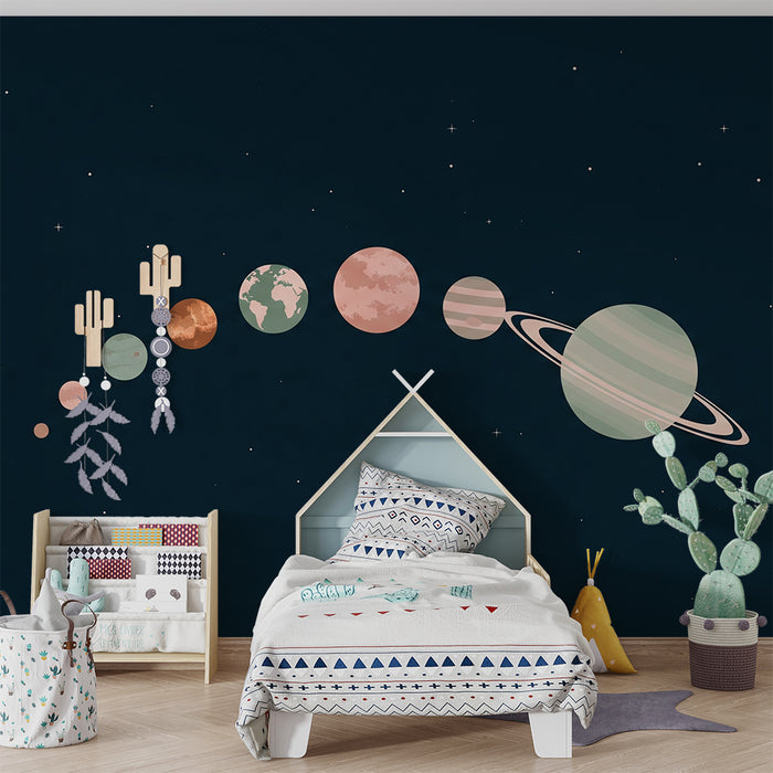 Papel de parede criança | Sistema solar com planetas pastel em fundo estrelado