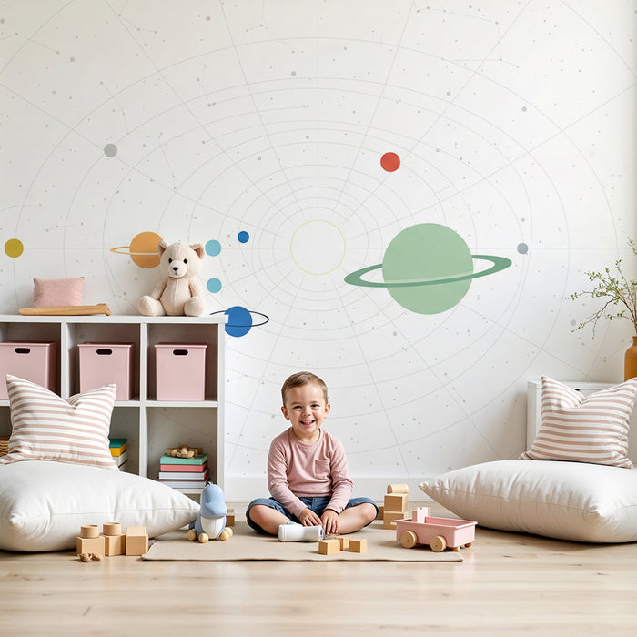 Kids room wallpaper | Mapped solar system with stylized planets