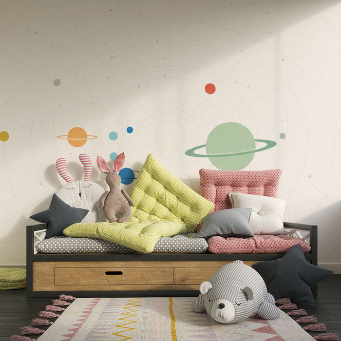 Kids room wallpaper | Mapped solar system with stylized planets