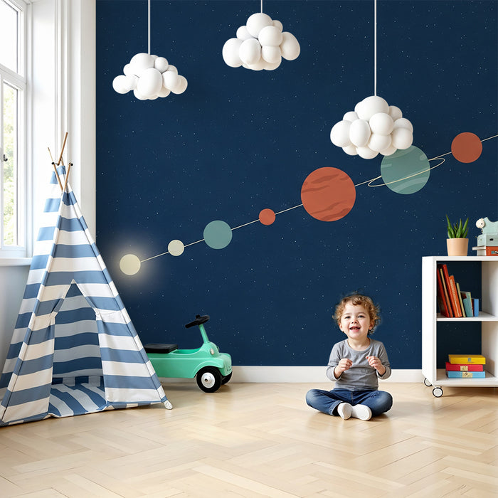 Kids room wallpaper | Colorful solar system with stylized planets