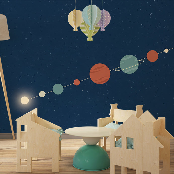 Kids room wallpaper | Colorful solar system with stylized planets