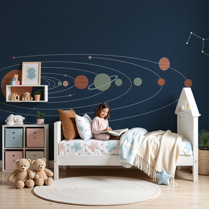 Kinderzimmer Tapete | Sonnensystem in Entenblau mit bunten Planeten