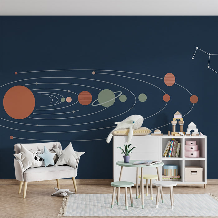 Kinderzimmer Tapete | Sonnensystem in Entenblau mit bunten Planeten