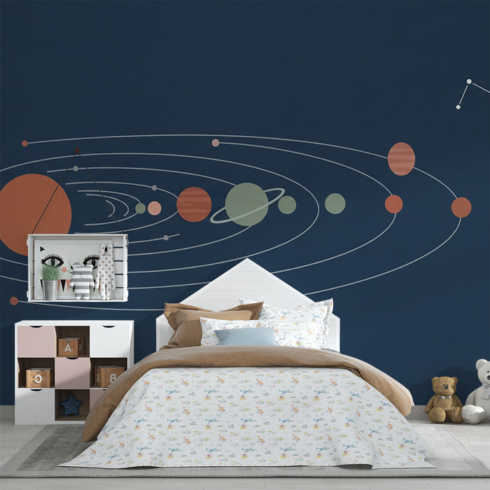 Kinderzimmer Tapete | Sonnensystem in Entenblau mit bunten Planeten