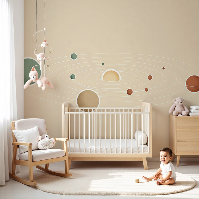 Kinderkamer behang | Minimalistisch zonnestelsel met planeten op een beige achtergrond